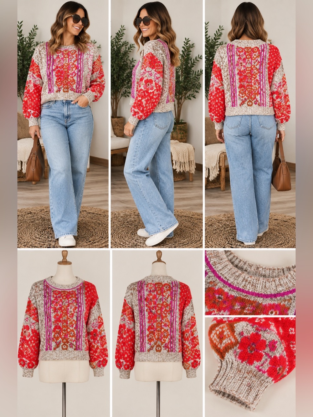 Colorful Patterned Crew Neck Sweater